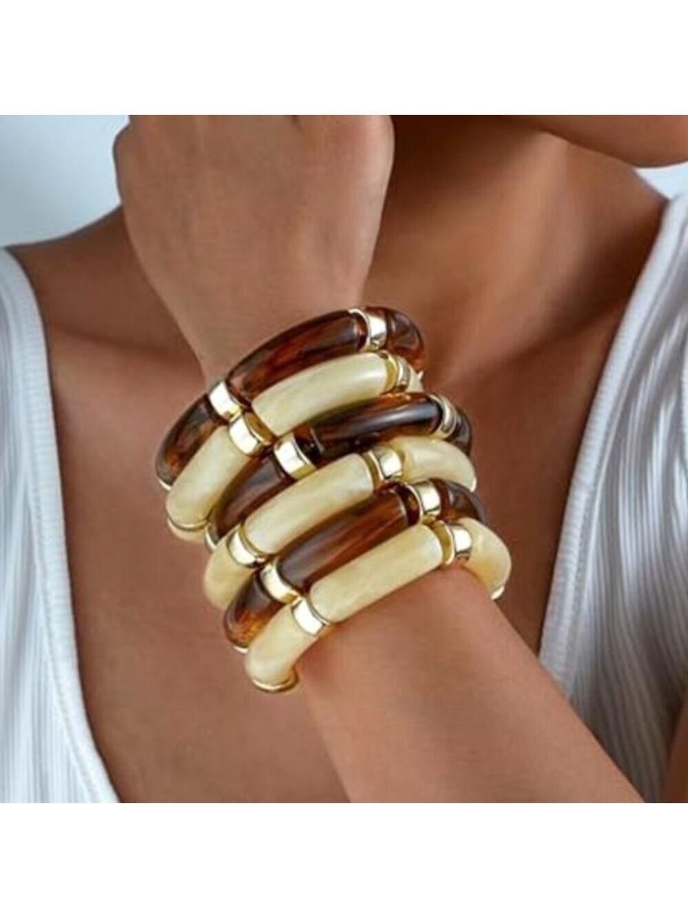 6pcs Chunky Acrylic Bangle Bracelets Resin Bamboo Brown and Pearl White Tone - Picture 4 of 10